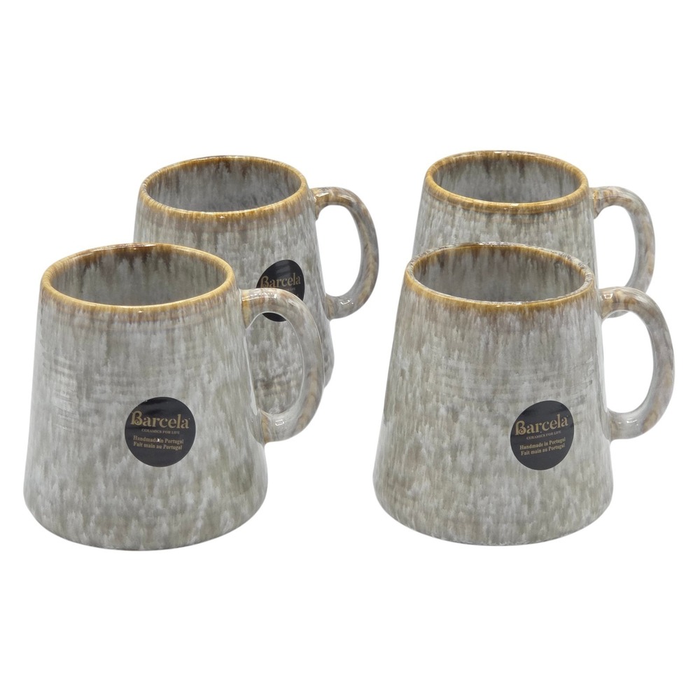 Barcela Stoneware Coffee Mug Set of 4 Tan Reactive Drip Glaze Made In Portugal